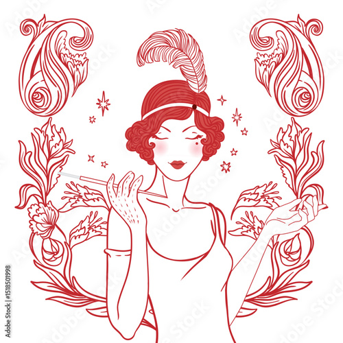 Vector illustration of a glamorous 1920s flapper girl in Art Deco style, with red feather and elegant silhouette. Perfect for vintage party invites, jazz events, themed weddings, or retro decor.