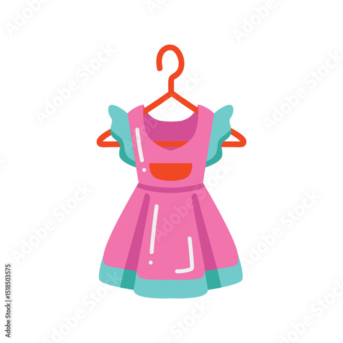 Dress illustration in pink and blue on hanger — flat style outfit for girl, kids fashion, clothing icon, isolated wardrobe design