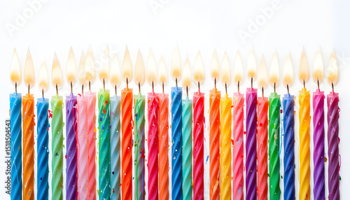 Title: Row of Colorful Lit Birthday Candles, Festive Celebration Atmosphere