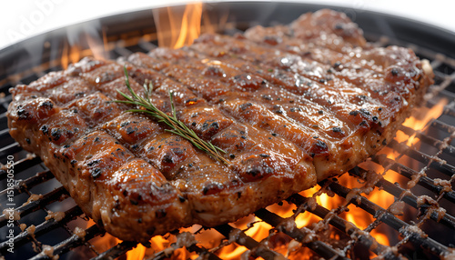 Title: Grilled Steak with Rosemary on Flaming Barbecue, Sizzling Gourmet Cooking