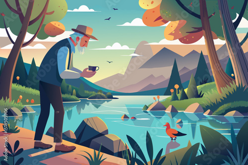 An old man feeding birds on a lakeshore, light filtering through trees and reflecting in the water