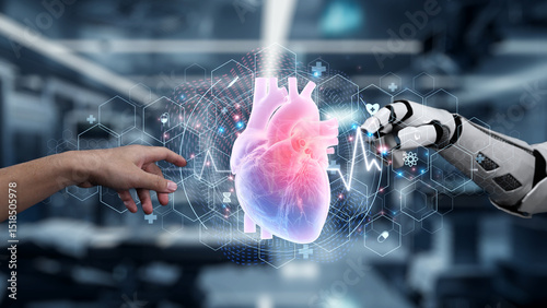 Robot and human reaching hand and pointing finger with heart holographic floating. Close up of robot hand and human working together while pointing finger at blurred laboratory background. Salubrious.
