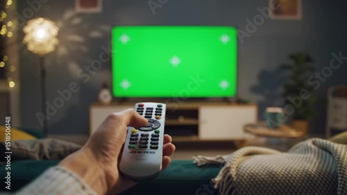 Man hand holding a remote control watching green screen television