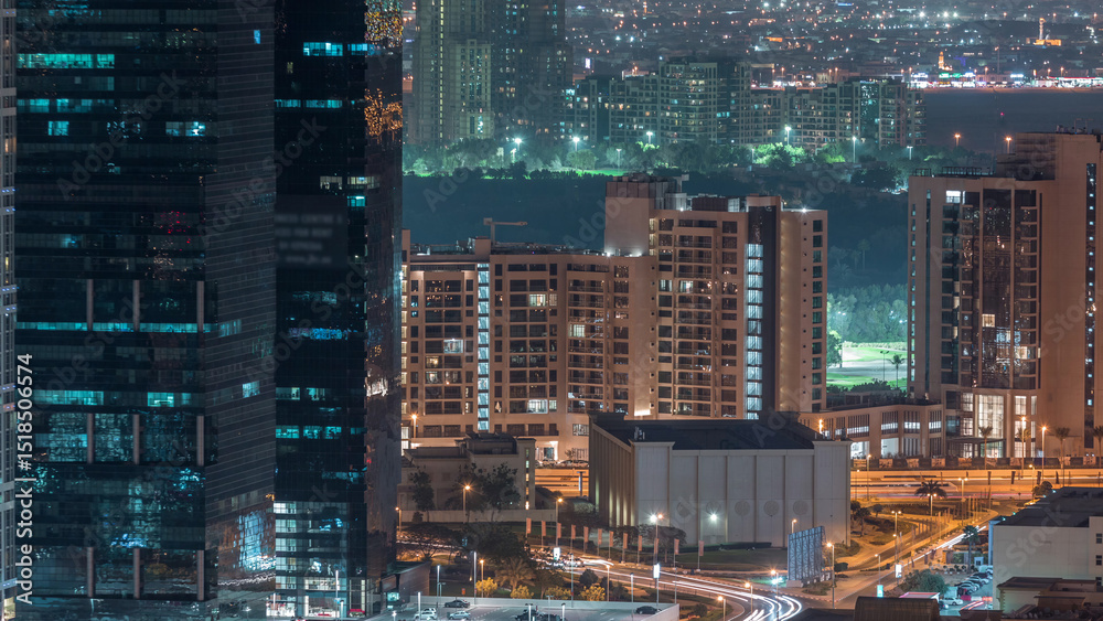 Jumeirah Lake Towers residential district aerial night timelapse near Dubai Marina Jumeirah Lake Towers residential district aerial night timelapse near Dubai Marina