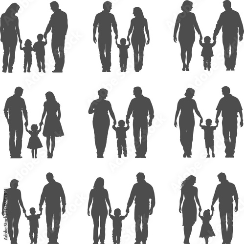 Set silhouettes of family isolated on transparent background. Vector illustration
