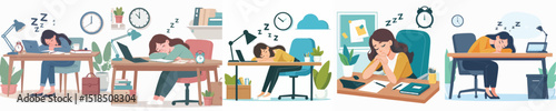 Vector of a woman asleep on a desk.