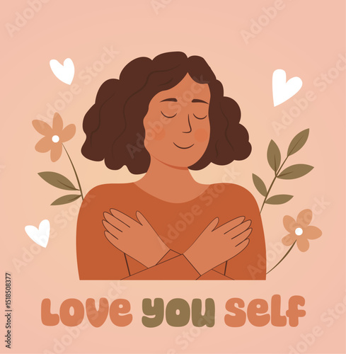 A woman is hugging herself and the words "Love yourself" are written below her. The image conveys a message of self-love and self-care