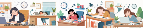 Vector of a woman asleep on a desk.