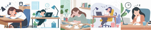 Vector of a woman asleep on a desk.