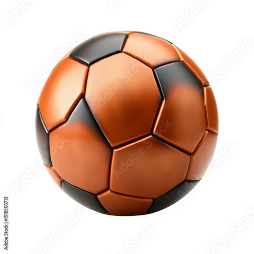 Photorealistic soccer ball in cast bronze style with antique patina, warm terracotta and teal highlights, isolated on transparent background for creative use

