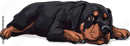 A relaxed Rottweiler dog resting on a white background.