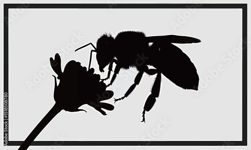 Silhouette of a bee on a flower against a minimalist background.