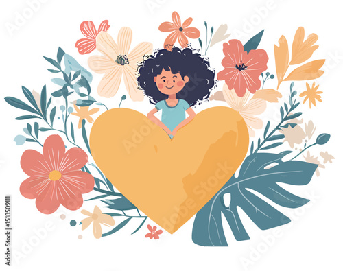 Cheerful girl with curly hair surrounded by colorful flowers and a large heart.