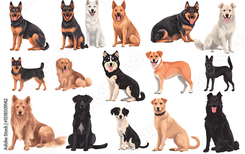 A vibrant collection of various dog breeds, showcasing diversity in size and color.