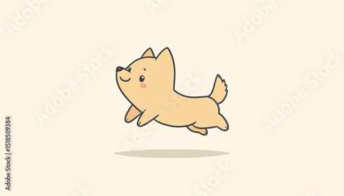 A cheerful cartoon dog with a light yellow coat joyfully jumping.
