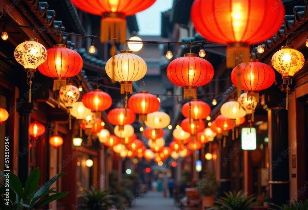 Vibrant red lanterns illuminate a charming alleyway in the evening