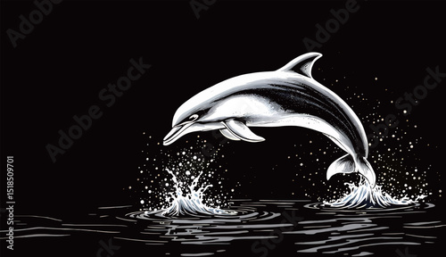A graceful dolphin leaps out of the dark waters, creating splashes around it.