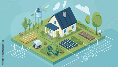 A vibrant illustration of an eco-friendly farm featuring diverse crops and solar panels.