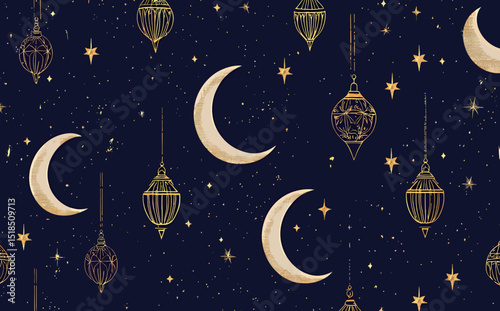 Elegant gold crescent moons and lanterns on a deep blue night sky pattern.