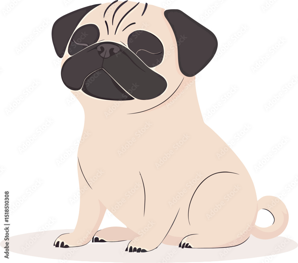 Fototapeta premium Cute cartoon pug, sitting proudly with a calm expression.