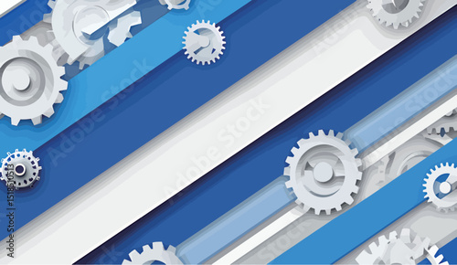 Abstract design featuring blue and white stripes with gears and cogs creating a dynamic feel.