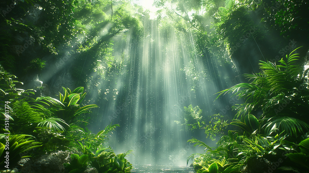 Obraz premium Ethereal sunlight pierces jungle canopy. Lush rainforest bathed in radiant morning beams. Ideal for nature, wellness, and spiritual themes.