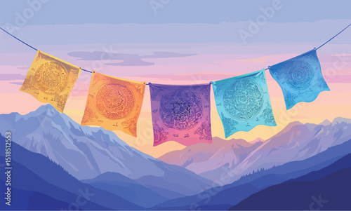 Colorful prayer flags fluttering against a serene mountain sunset.