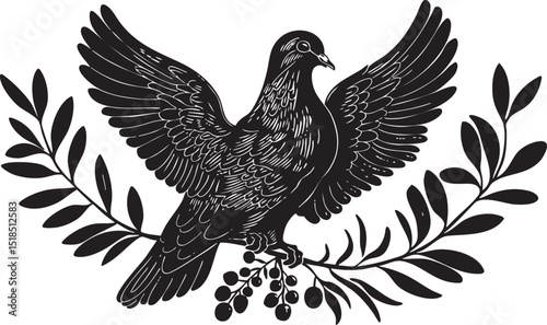 Black silhouette illustration of a dove with spread wings clutching an olive branch symbolizing peace and harmony