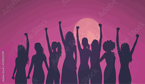 Empowered women raising fists against a vibrant pink backdrop.