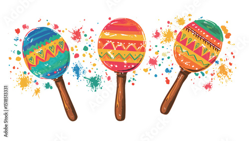 Vibrant maracas in colorful patterns against a splatter background.