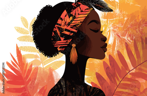 Profile of a Black woman adorned with a vibrant headwrap against a warm, tropical background.