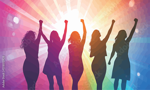 Silhouettes of five diverse women celebrating together in vibrant colors.