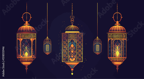 Elegant hanging lanterns with intricate designs, glowing warmly in a dark setting.
