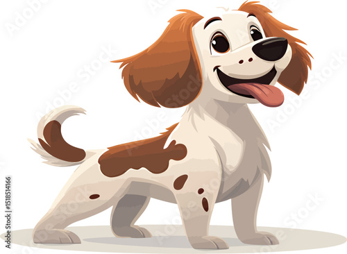 Cheerful cartoon dog with brown spots, wagging its tail and smiling happily.