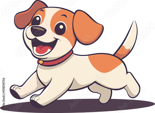 Cheerful cartoon dog with orange and white markings happily running.