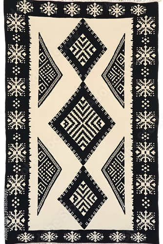 Bold Amazigh Tattoo-Inspired Rug Celebrating Berber Feminine Heritage in Black and White