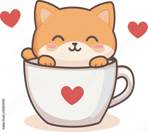 Cute orange cat sitting happily in a white cup with heart designs.