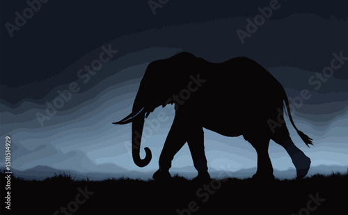 Silhouette of an elephant walking in the twilight against a gradient background.