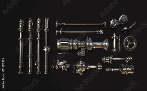 A collection of intricate metallic mechanical parts arranged symmetrically.