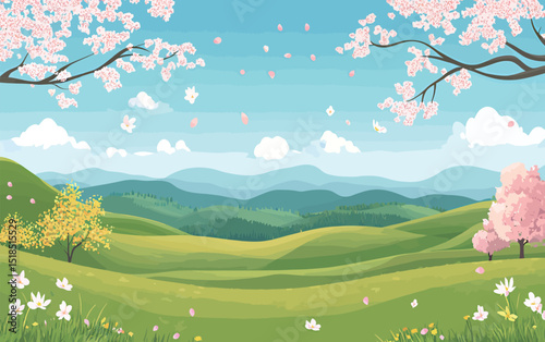 Vibrant spring landscape with blooming trees and rolling hills.