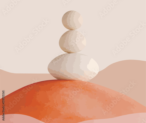 A serene stacked stone sculpture on an abstract sandy background.