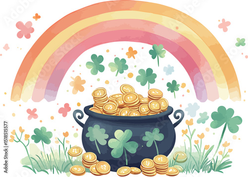 A whimsical pot of gold under a vibrant rainbow with clovers and flowers.