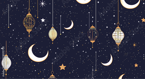 A serene night sky adorned with golden lanterns and celestial symbols.