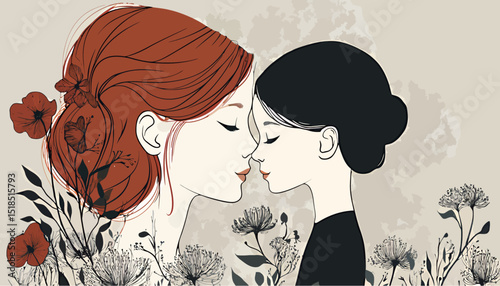 Artistic illustration of a red-haired woman and a dark-haired girl sharing an intimate moment.
