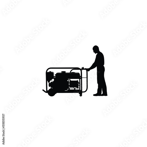 Silhouette of a worker operating diesel generator on white background