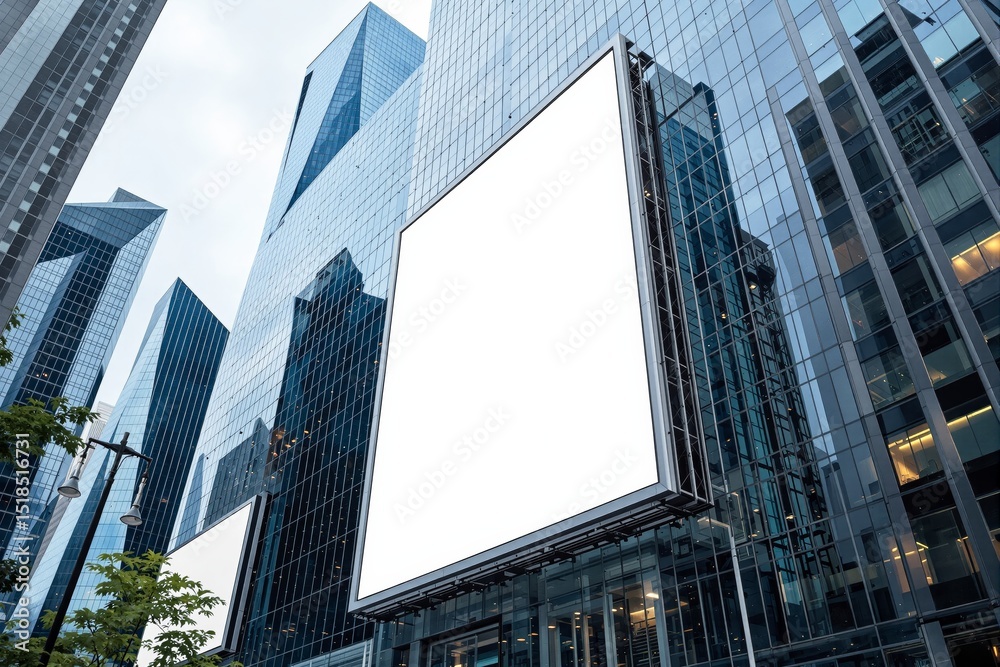 Naklejka premium Empty white billboard mounted on high-rise glass building, photographed in urban city landscape, concept of advertising space, Ai generative