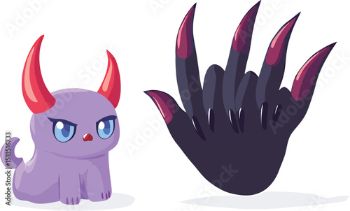 A cute purple demon cat next to a menacing black claw hand, showcasing contrasting styles.