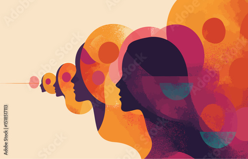 Colorful abstract silhouette of women's profiles showcasing thoughts and reflections.