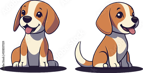 Two cheerful cartoon beagle puppies sitting playfully side by side.