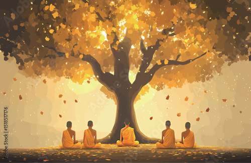 Serene moments: Buddhist monks meditating under a golden autumn tree.
